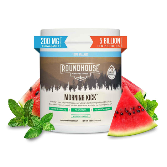 ROUNDHOUSE PROVISION Morning Kick bottle with Watermelon Mint for daily digestion support.