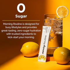 ROUTINE Morning Daily Hydration dissolving powder in a glass of water, fast-acting refreshment.