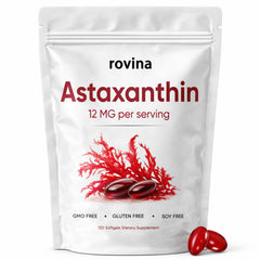 Rovina Astaxanthin 12mg softgels bottle for daily antioxidant support.
