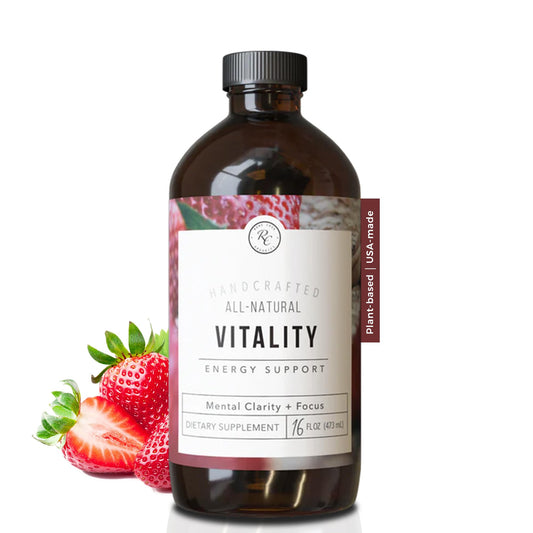 Rowe Casa Organics Vitality Energy bottle pouring for a convenient daily energy boost.