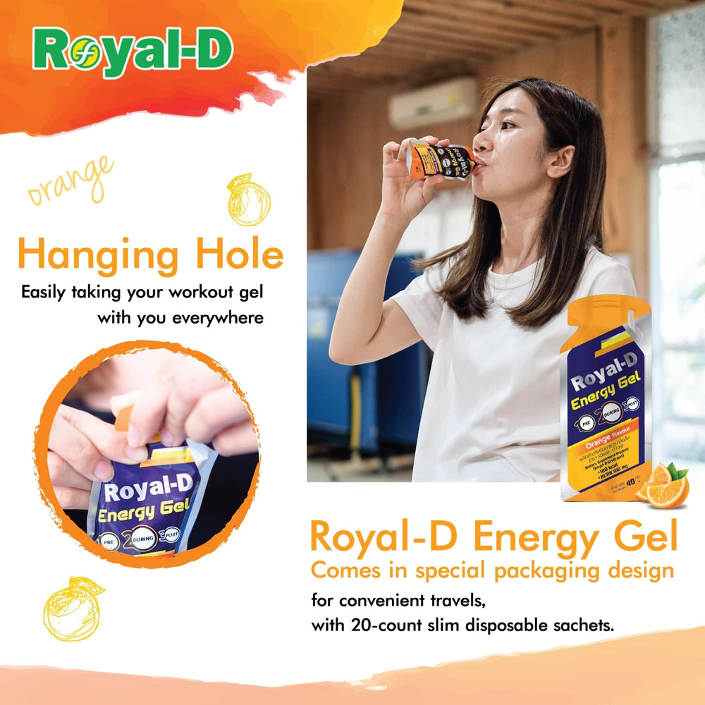 Royal-D Energy Gel 20-count box displayed on gym floor.