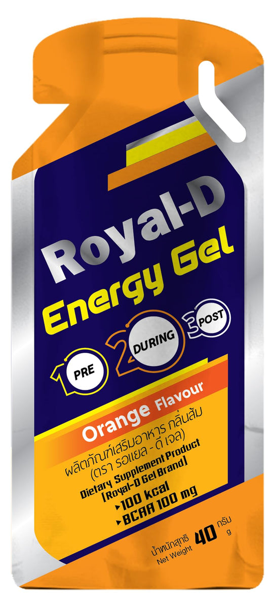 Royal-D Energy Gel orange packet ready for fast energy during workouts.