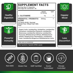 Label close-up emphasizing organic prebiotic and L-Glutamine ingredients in Omissandi Rebalance.