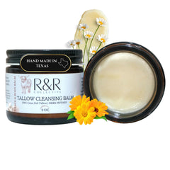 R&R Collective tallow cleansing balm jar closeup for a nourishing makeup removal