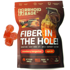 Rrhoid Rage bottle label close-up highlighting premium gummies for digestive support