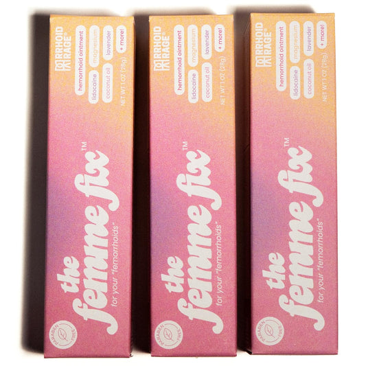Rrhoid Rage Femme Fix tube with lidocaine for targeted relief.