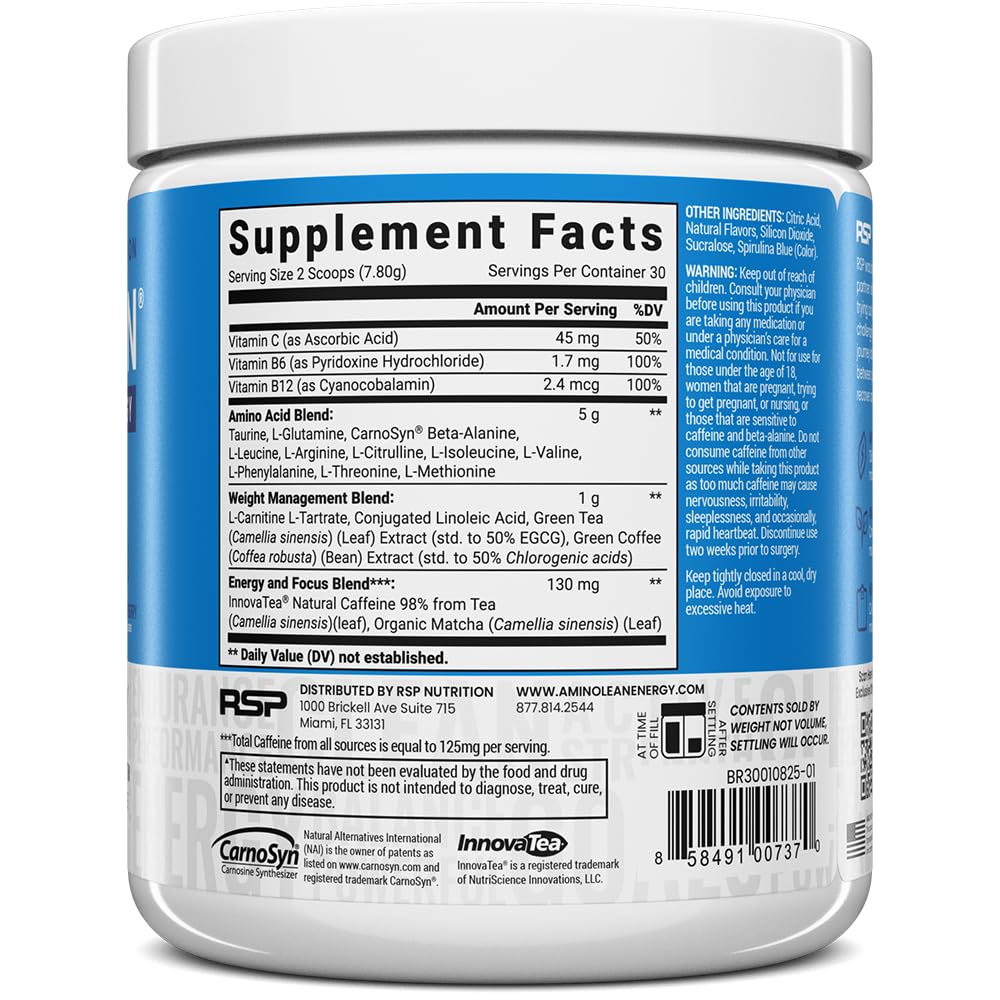 RSP Nutrition AminoLean bottle on display as a versatile energy option.