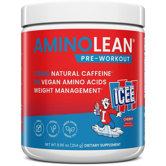 RSP NUTRITION AminoLean ICEE tub in cherry flavor showing a convenient workout energy option
