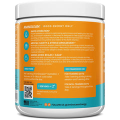 AminoLean Recovery bottle label highlights electrolytes and BCAA benefits.