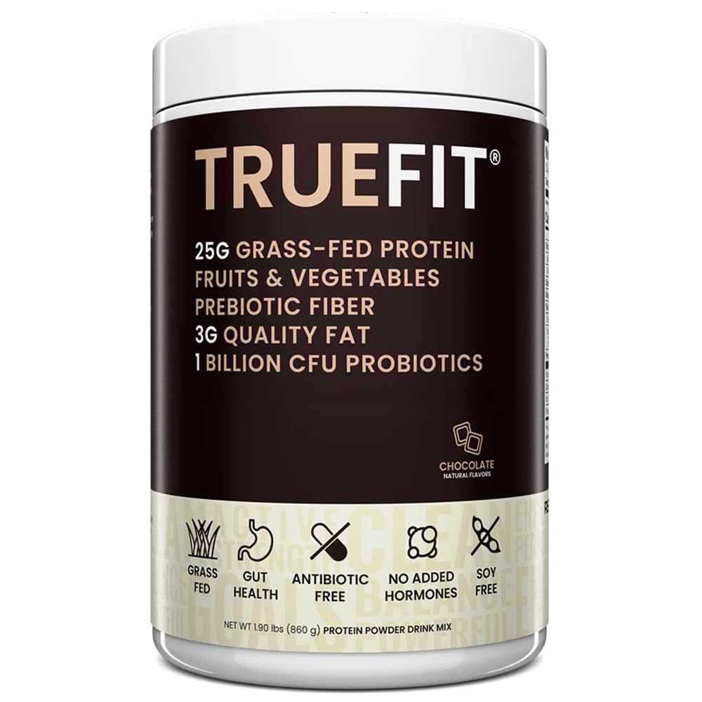 RSP NUTRITION TrueFit bottle displaying grass-fed whey and gut-friendly protein options.