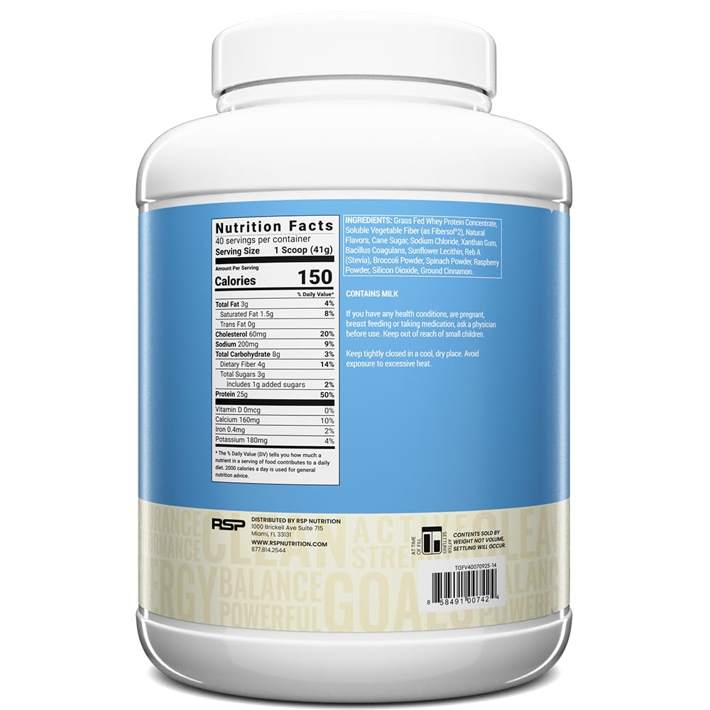 RSP TrueFit grass-fed whey protein bottle showing hormone-free dairy source.
