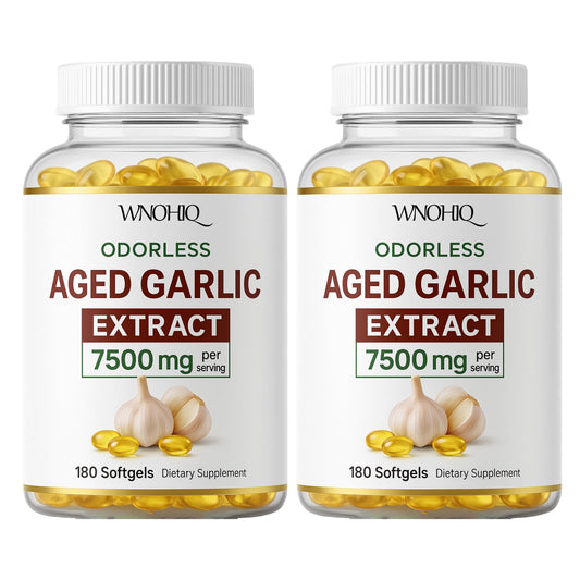 RTQSU aged garlic extract odorless softgels in bottle, high-potency daily support.