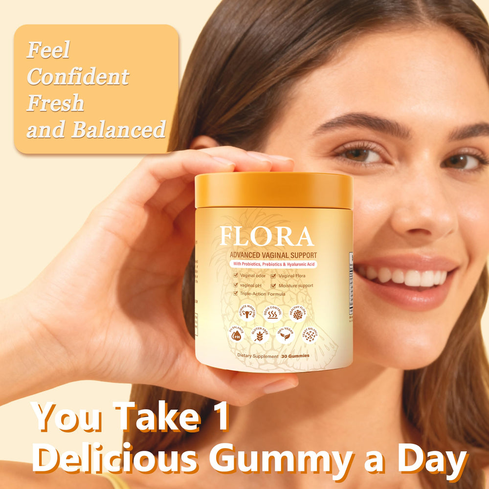 RTQSU Flora Plus Gummies bottle back label highlighting ingredients for pH balance support