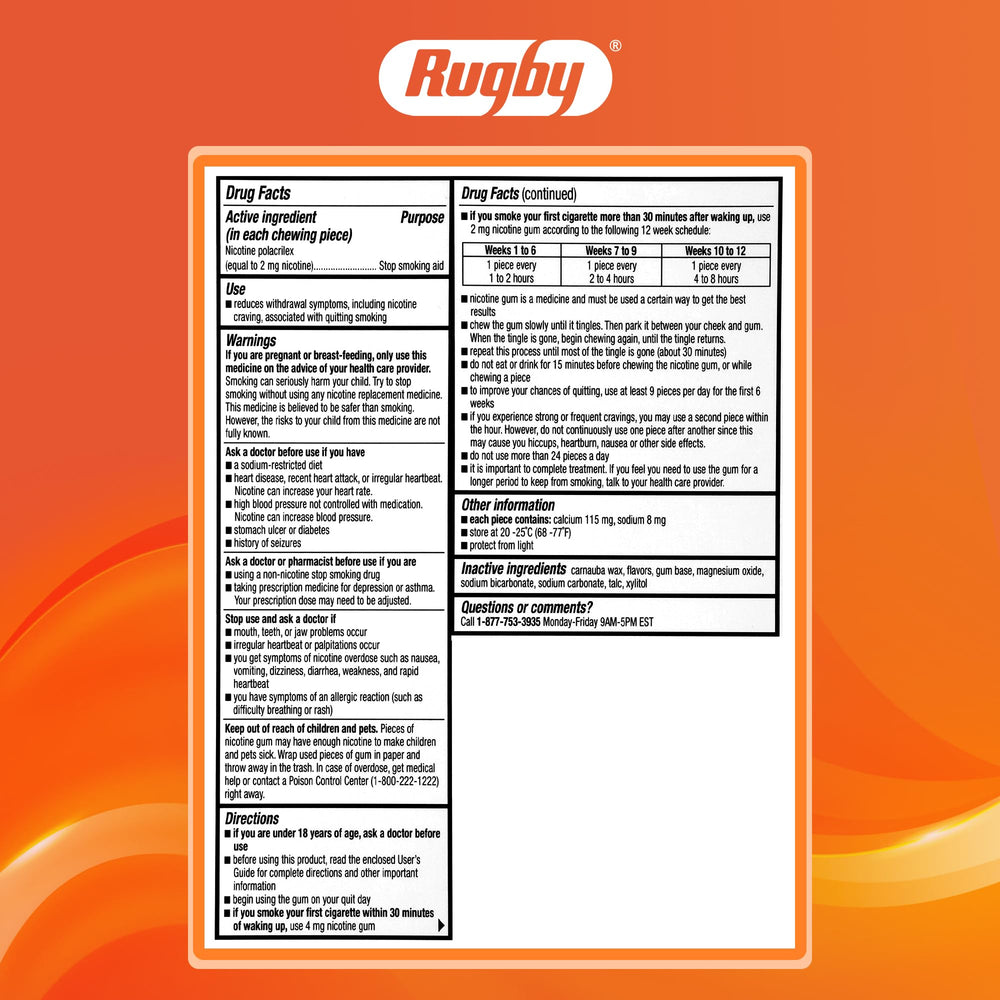 Rugby Polacrilex 2mg gum on-the-go packets enable discreet use.