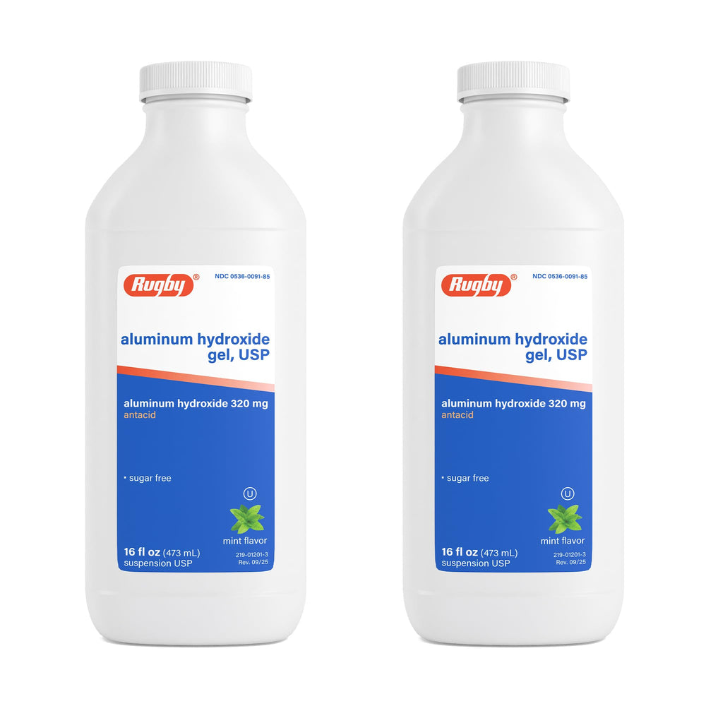 Rugby Laboratories aluminum hydroxide gel bottle front showing mint flavor for heartburn relief