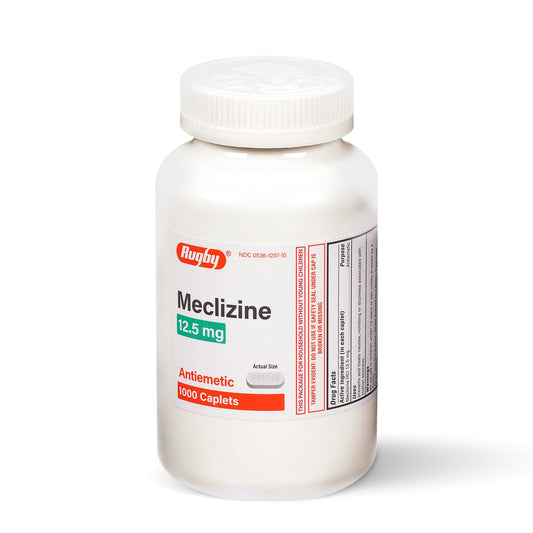 Rugby Laboratories meclizine bottle shows travel-friendly motion sickness protection