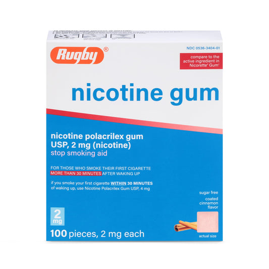 Rugby Laboratories Polacrilex 2mg gum cinnamon flavor packaging for discreet craving relief.