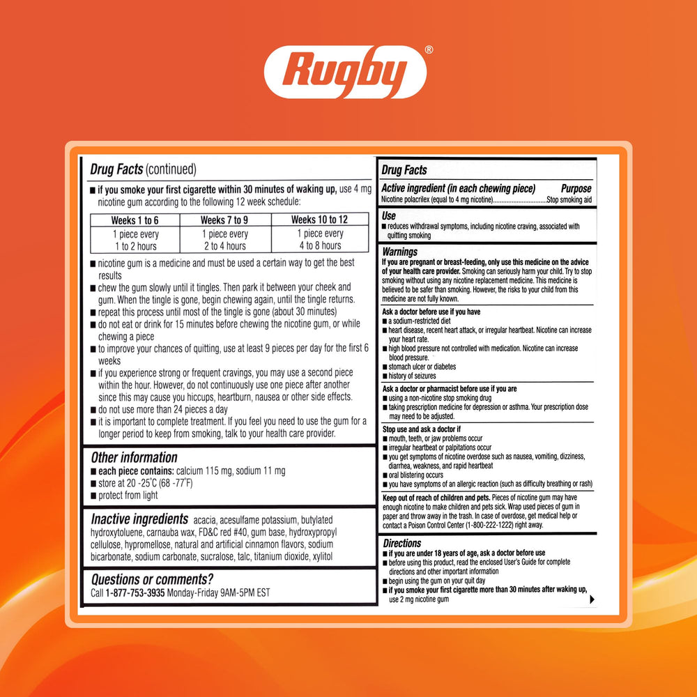 Branding close-up on Rugby Polacrilex Cinnamon Gum packaging