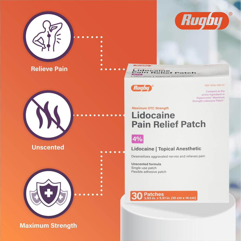 Rugby lidocaine patch closeup of 4% lidocaine formula for topical relief.