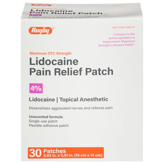 Rugby lidocaine patch pack front view showing 30 patches for fast relief.