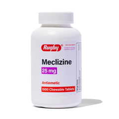 Rugby Meclizine bottle with 1,000 tablets for travel relief.