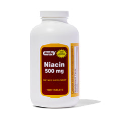 Rugby Niacin 500mg bottle with tablets supporting daily energy metabolism for adults.