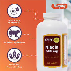 Rugby Niacin 500mg label detail with nutrition information.