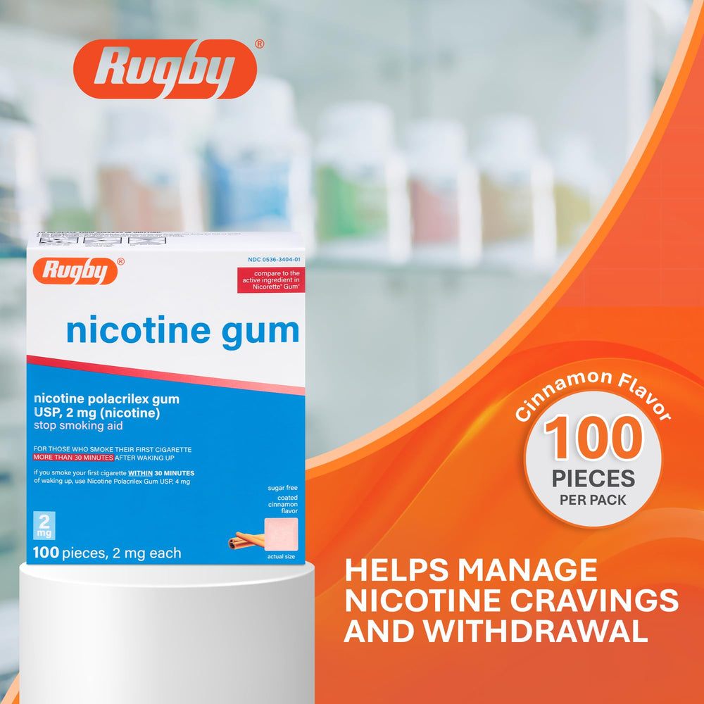 Rugby Polacrilex 2mg gum cinnamon close-up on gum piece highlighting bite-sized craving aid