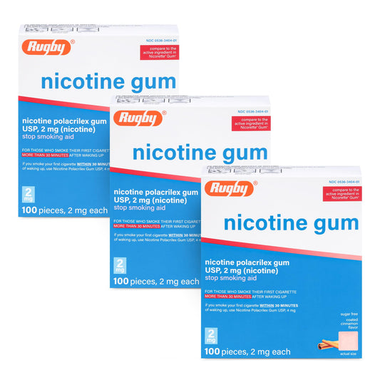 Rugby Polacrilex 2mg cinnamon gum piece for craving relief on-the-go.