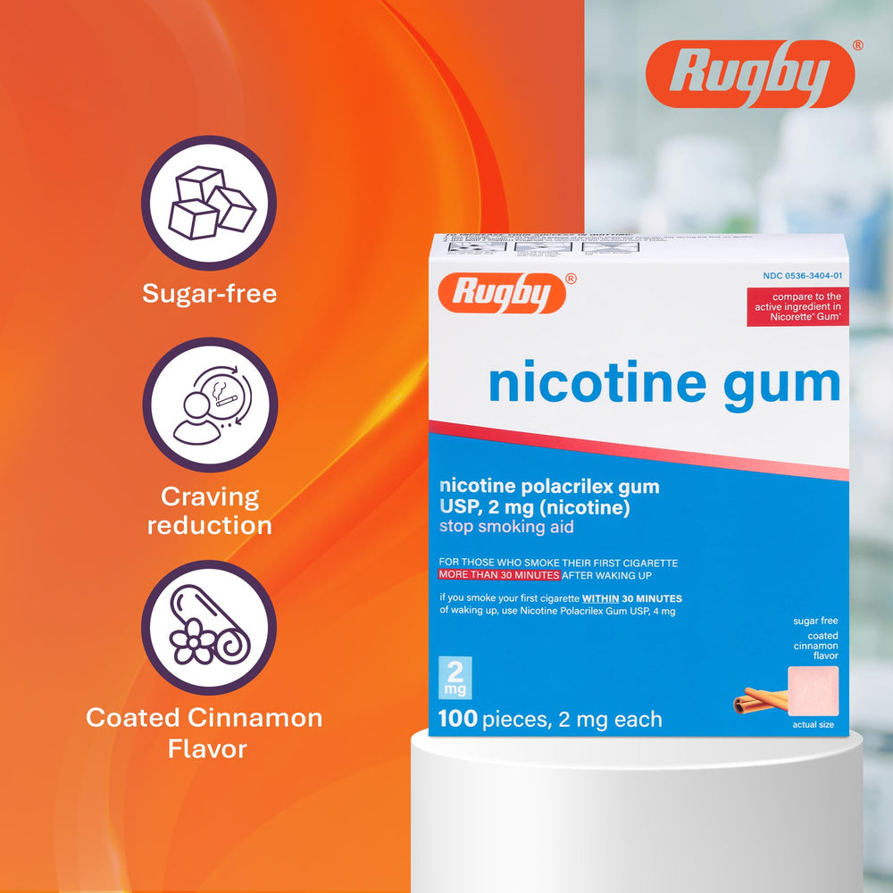 Rugby Polacrilex gum cinnamon packaging highlights sugar-free benefit