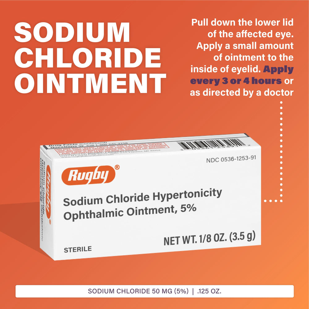 Rugby Sodium Chloride Ophthalmic Ointment being applied inside the lower eyelid.