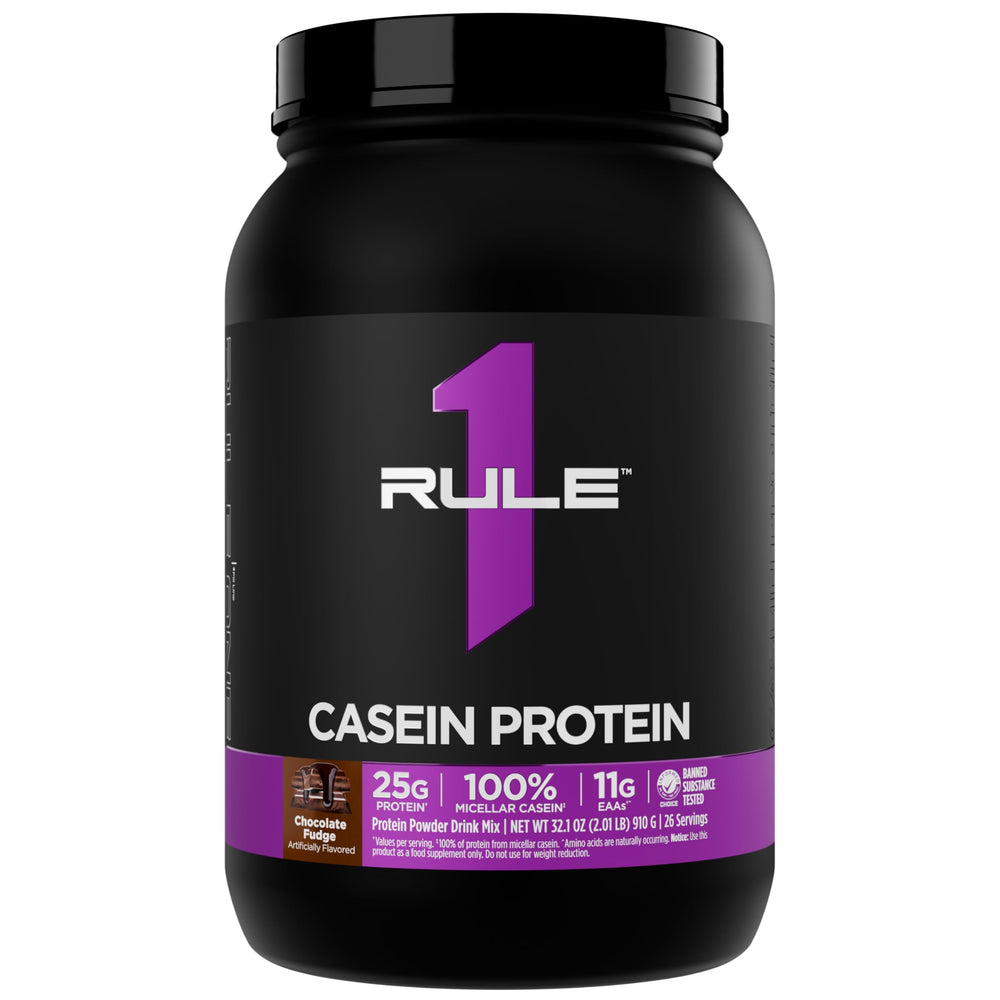 Rule 1 Casein Protein bottle highlights slow-release 25g protein per serving.