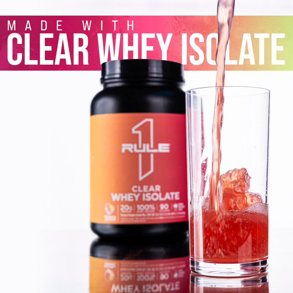 Rule 1 Clear Whey Isolate nutrition panel highlights protein per serving and low calories.