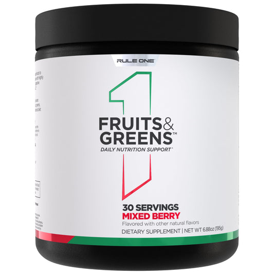 Rule 1 Fruits and Greens Powder bottle front for daily antioxidant support.