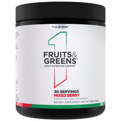 Rule 1 Fruits and Greens Powder bottle front for daily antioxidant support.