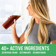 Rule 1 Fruits and Greens Powder ingredient closeup highlights kale, beet, and berries.