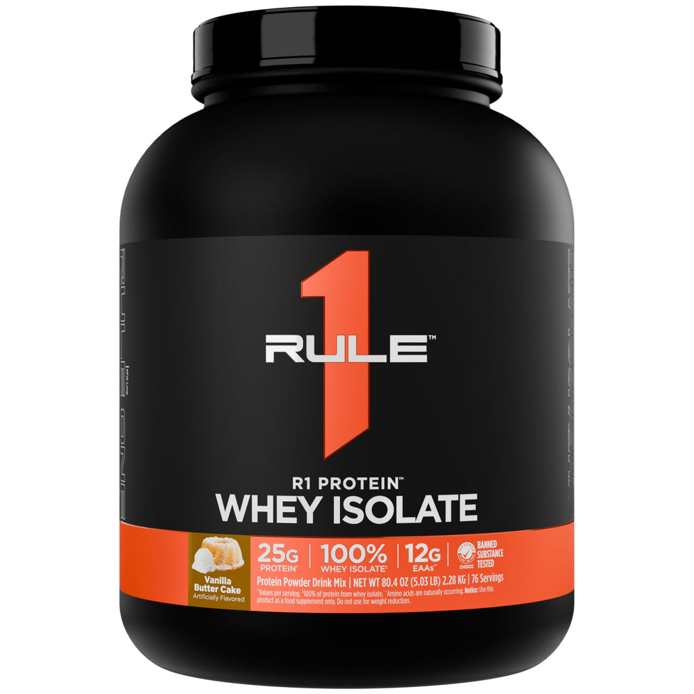 Rule 1 R1 Protein Whey Isolate vanilla butter cake scoop demonstrates fast-acting protein for workouts