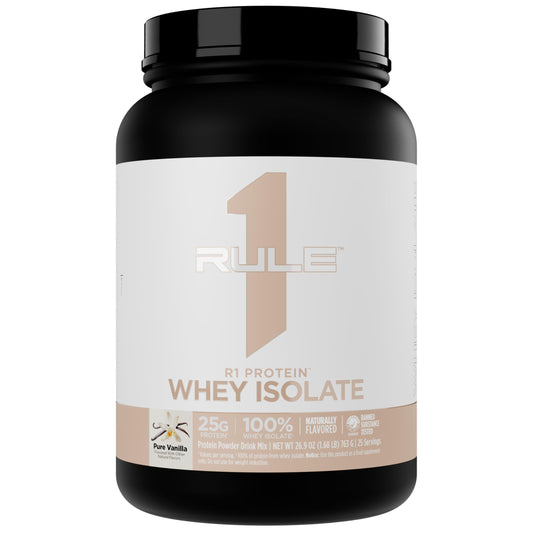 Rule 1 Proteins R1 Whey Isolate bottle front with pure vanilla aroma