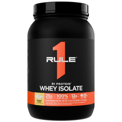 Rule 1 Proteins R1 Whey Isolate bottle on shelf for post-workout recovery