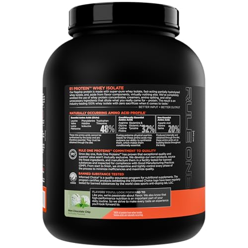 Rule 1 Proteins whey isolate mint chocolate chip in shaker for convenient fueling.