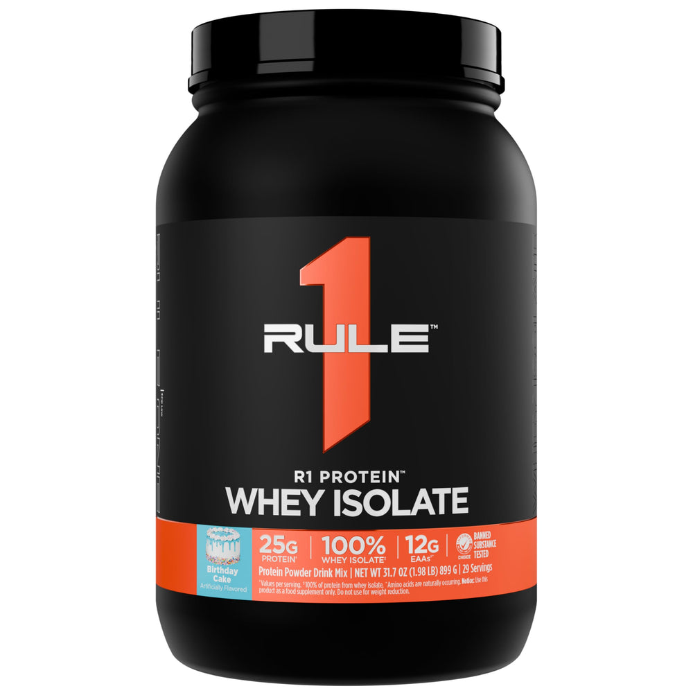 Rule 1 R1 Protein Whey Isolate Birthday Cake package front highlights premium protein for post-workout recovery