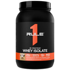 Rule 1 R1 Protein Whey Isolate bottle label emphasizes 25 g protein per serving for fueling workouts.