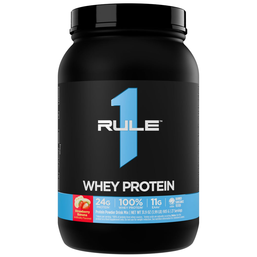 Rule 1 Whey Protein bottle label highlights 24 g protein per serving.