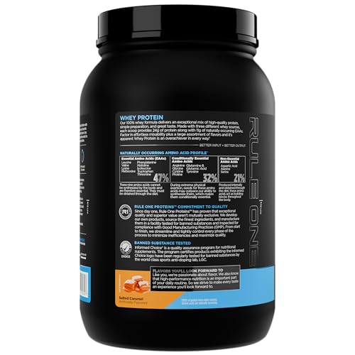 Rule 1 Whey Protein salted caramel powder in a scoop