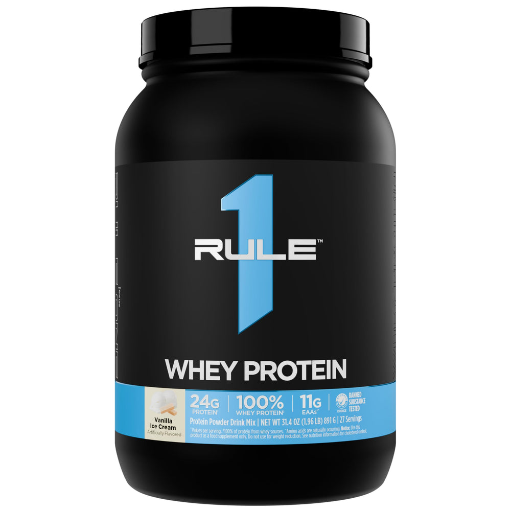 Rule 1 Whey Protein bottle with vanilla ice cream flavor for convenient intake