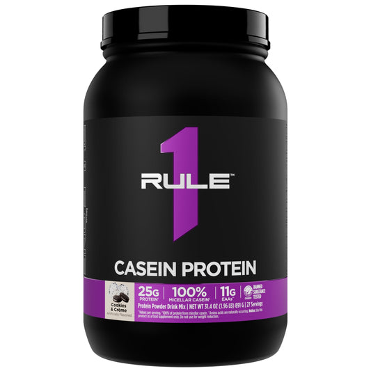 Rule 1 Casein label front highlights premium micellar protein for overnight recovery.