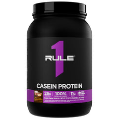 Rule 1 Casein Protein bottle for overnight recovery with slow-release nutrition.