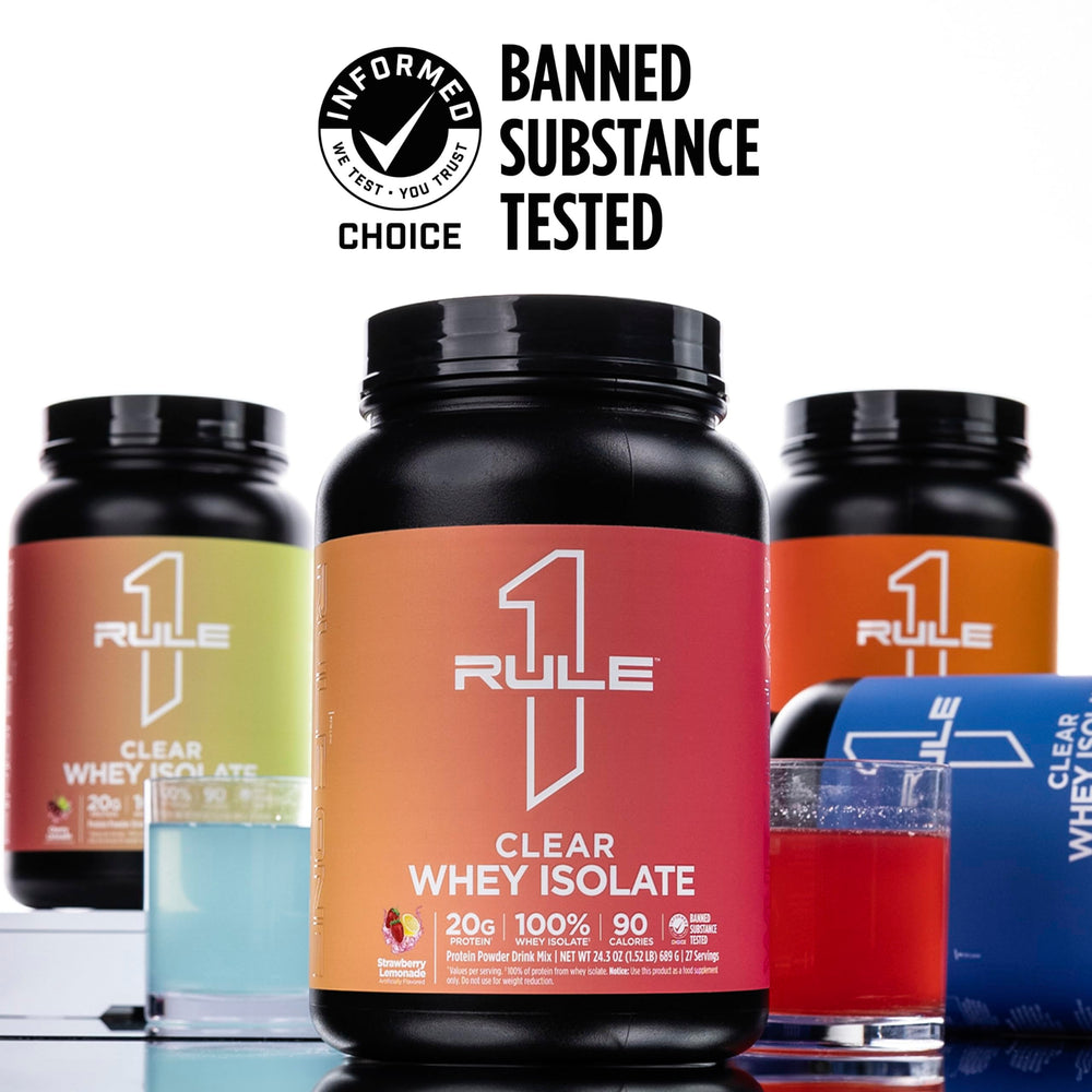 Rule 1 Clear Whey Isolate packaging displayed on shelf for easy identification