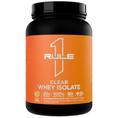Rule 1 Clear Whey Isolate Peach Mango bottle, a refreshing post‑workout protein option.