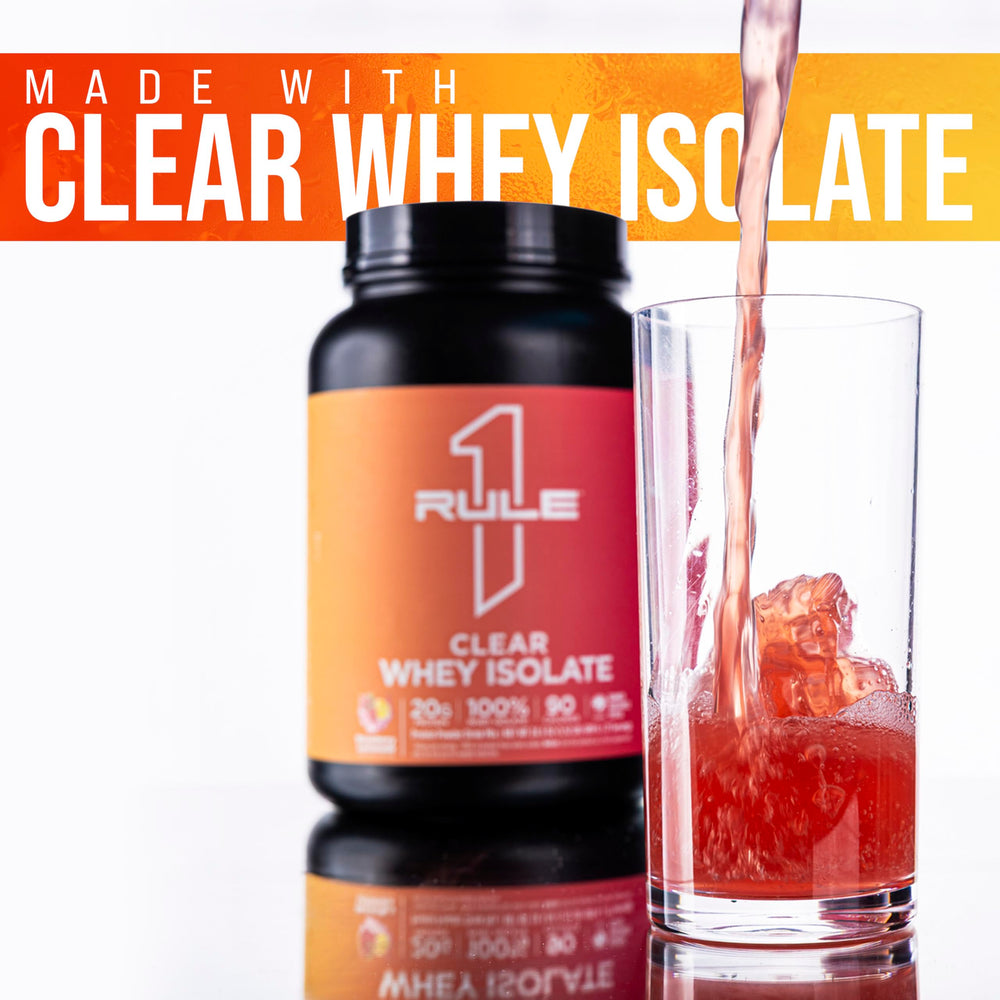 Rule 1 Clear Whey Isolate taste splash highlights fruity aroma and light finish.